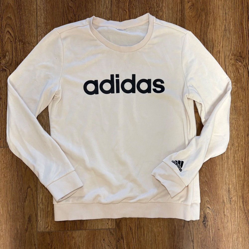 Adidas Crewneck Sweatshirt Cream Tan Black Embroidered Logo Pullover Womens S